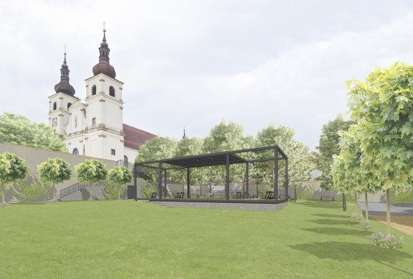 Zahrada Panského domu pohled na altán a dominikánský klášter