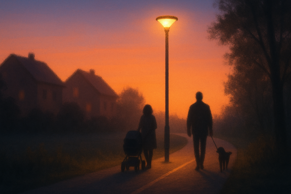 OpenAI. (2025, July 8). Veřejné osvětlení na stezce při západu slunce [AI generovaný obrázek]. ChatGPT. https://chat.openai.com/